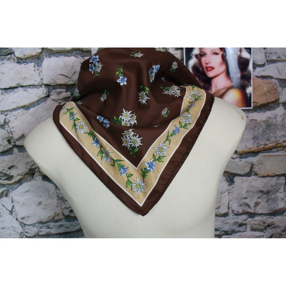 Brown Edelweiss Flower Silk Scarf Made in Italy Square Accent Neck Accessory - Picture 8 of 10